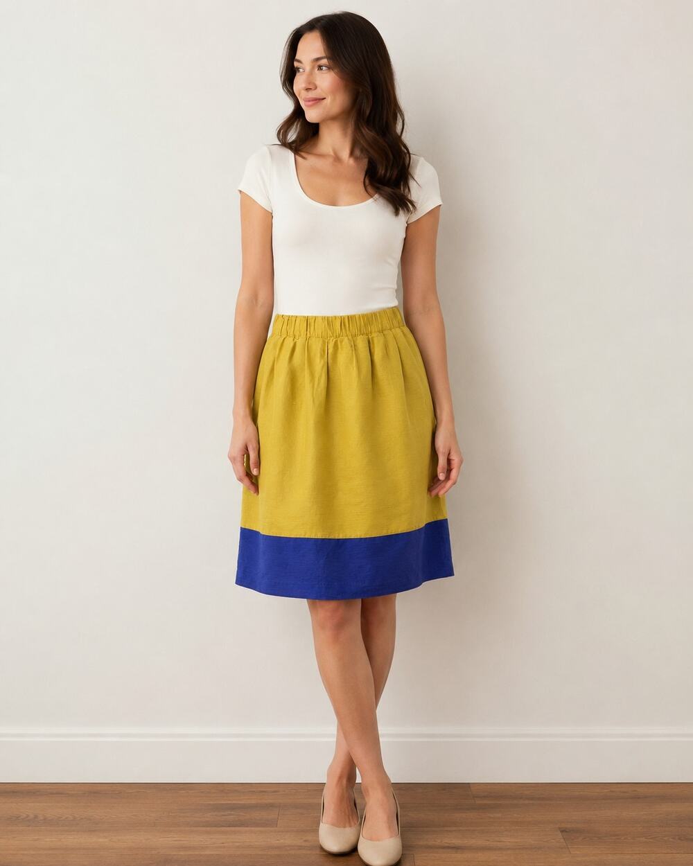 Silk Culture Linen Colorblock Pleated Skirt Women Mustard Blue 6 art teacher